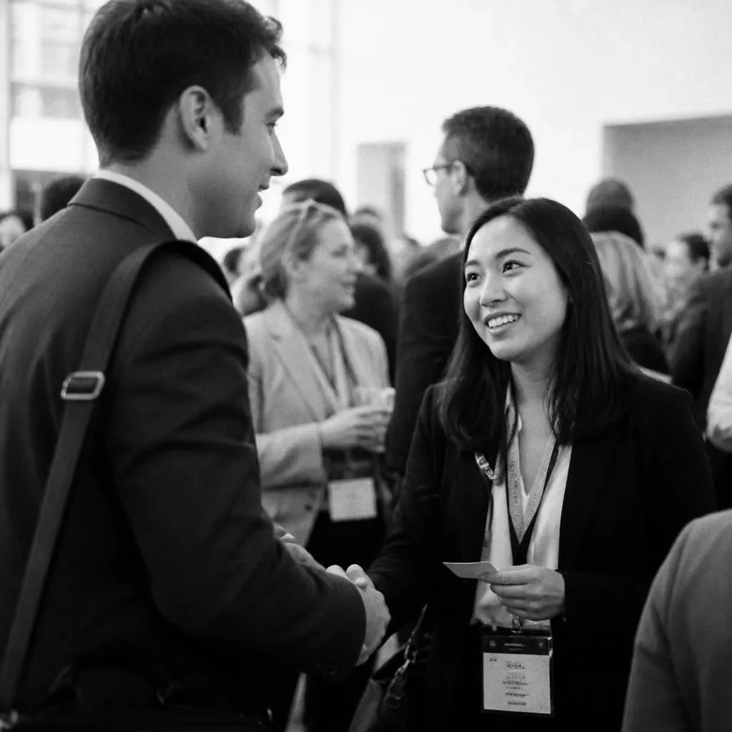 Team members engaging people at a networking event