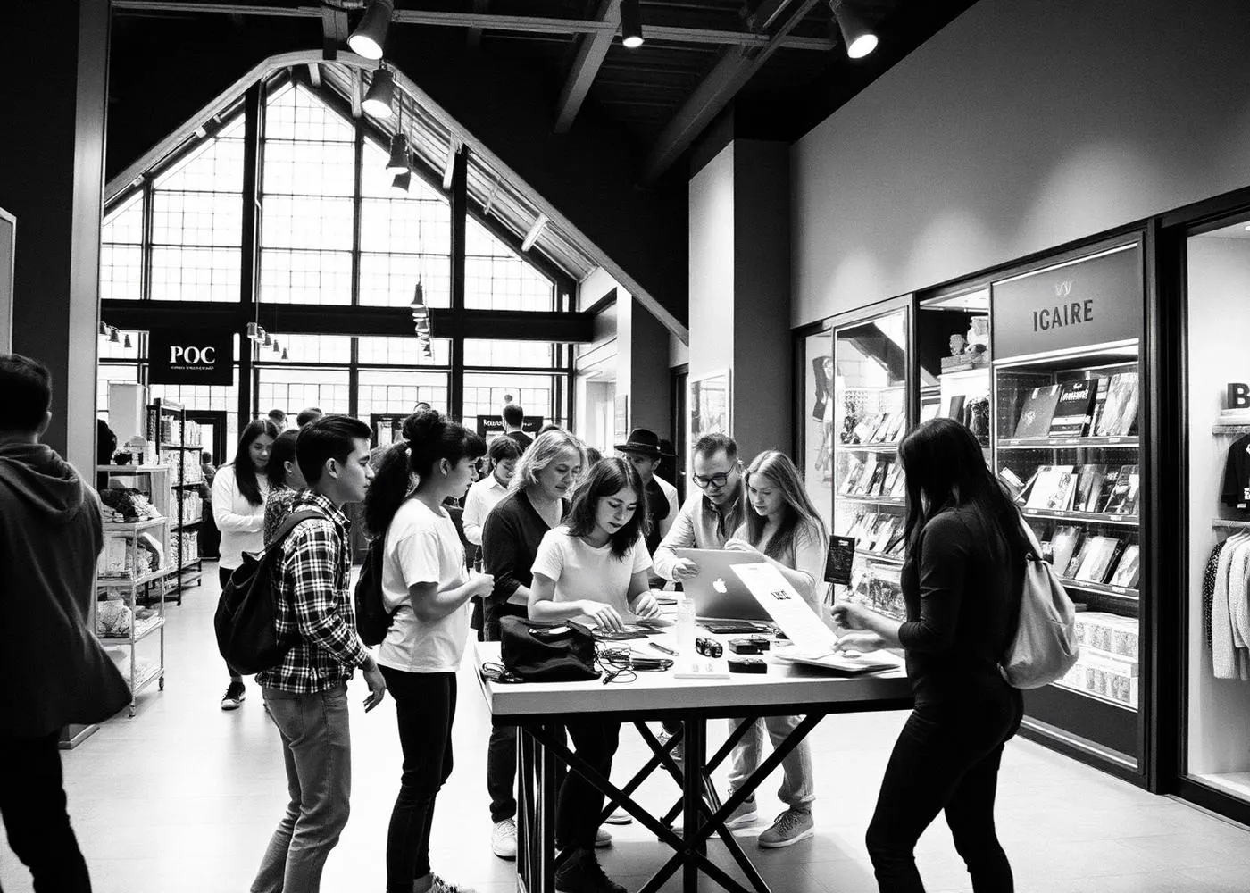 A team preparing a brand activation table inside a busy retail environment