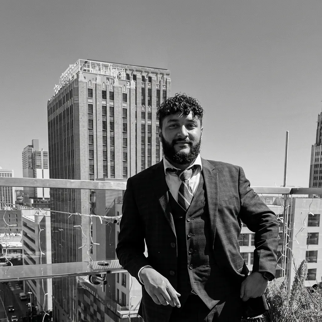 A team member in a three-piece suit on an Austin rooftop