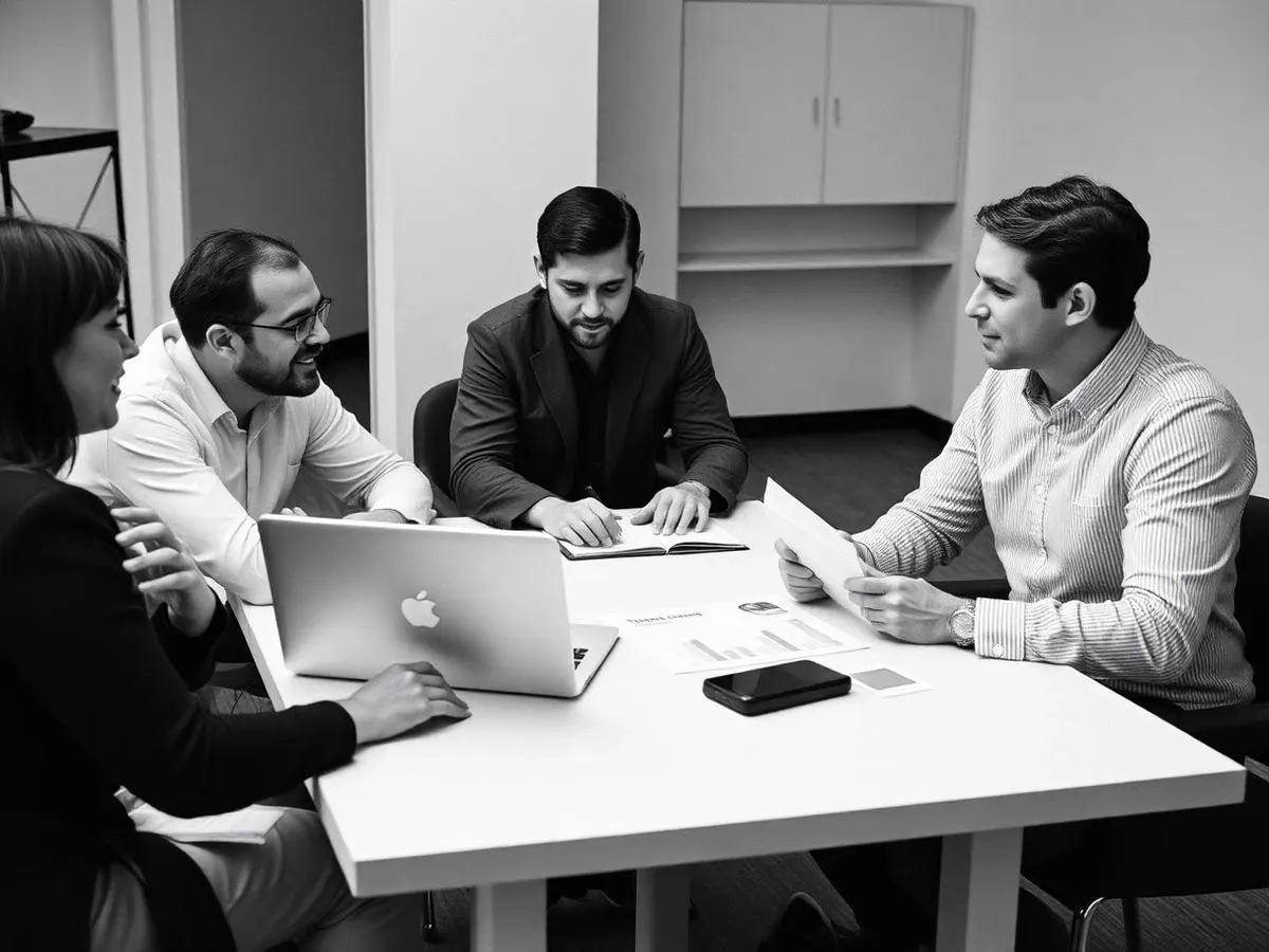 Team reviewing campaign objectives around a table